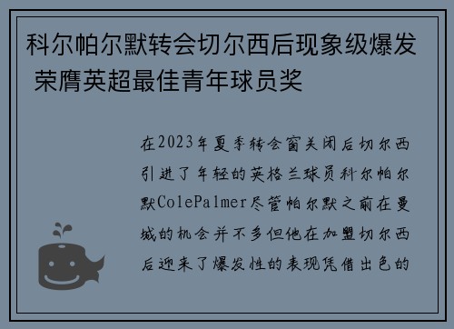 科尔帕尔默转会切尔西后现象级爆发 荣膺英超最佳青年球员奖